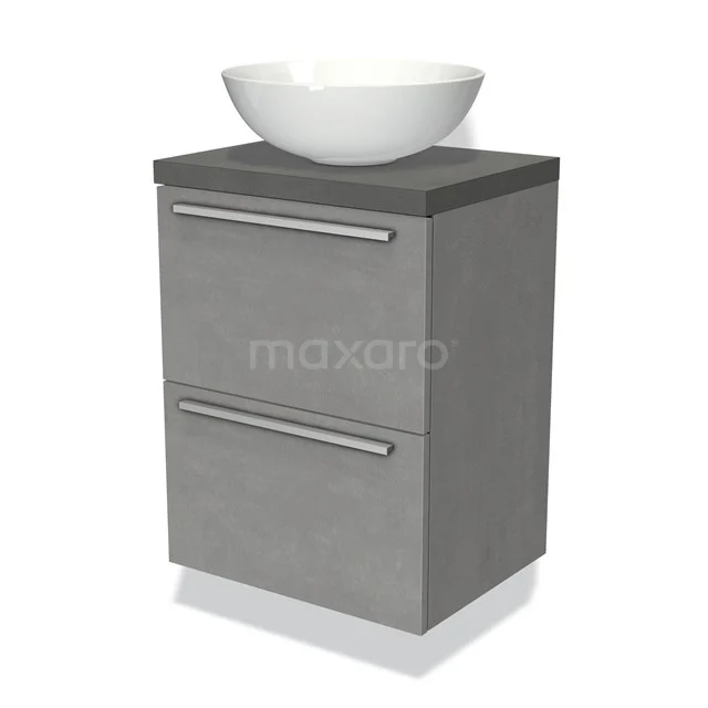 Grauer Badschrank mit Aufsatzwaschbecken, modernes Design, zwei Schubladen und einer Betonlook-Oberfläche. Perfekt für stilvolle Bäder.