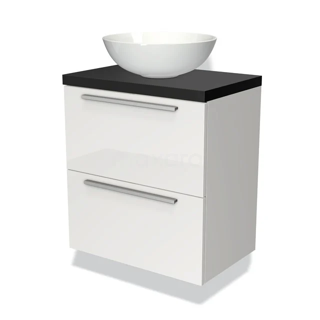 Wit badkamermeubel met zwarte top, keramische komvormige wastafel en twee laden, modern design.