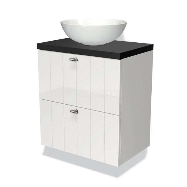 Modulo Plato Slim Badmöbel mit Aufsatzwaschbecken | 60 cm Hochglanz Weiß Lamelle front Matt Schwarz blatt 2 übereinanderliegende Schubladen BMK37-00581 Weißes hängendes Badmöbel mit schwarzer Platte und rundem Aufsatzwaschbecken, modernes Design, ideal für ein stilvolles Badezimmer.