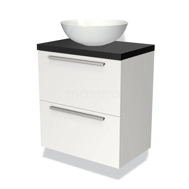 Badmöbel mit Konsole 60cm Modulo Plato Slim Matt Weiß 2 Schubladen Flach BMK37-00583 Weißes Badezimmermöbel mit schwarzer Oberfläche, modernes Aufsatzwaschbecken und zwei Schubladen, ideal für stilvolle Badezimmerlagerung.