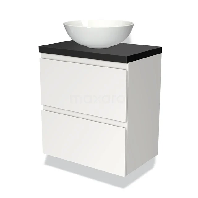 White bathroom unit with black top and modern vanity units with basin, in sleek design and high-quality materials.