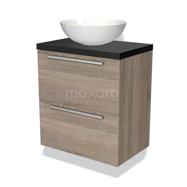 Holz-Badmöbel mit schwarzer Platte, weißem schalenförmigen Waschbecken und zwei Schubladen, modernes Design für stilvolle Bäder.