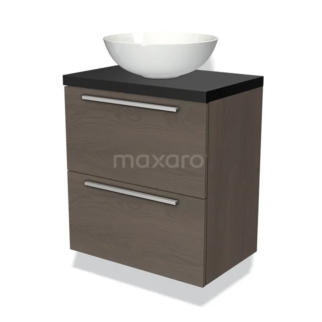Houten badkamermeubel met donker blad, twee lades en een witte waskom. Modern design voor een stijlvolle badkamer.