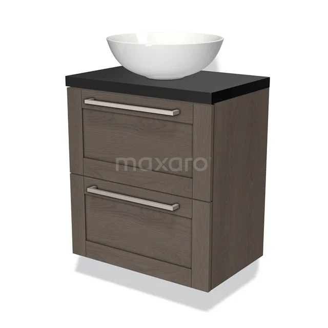 Houten badkamermeubel met wastafel, donkerbruin met twee lades en witte ronde waskom, modern design.