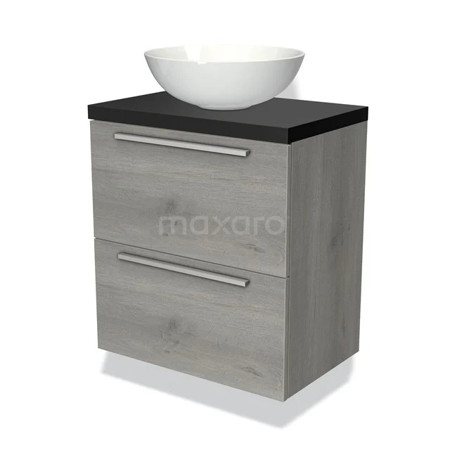 Wooden bathroom unit grey with black top and white bowl-shaped basin, modern design with two drawers.
