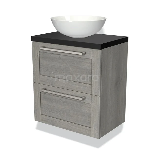 Grijze houten badkamermeubel met zwarte blad, witte waskom en twee lades, stijlvol en praktisch voor moderne badkamers.