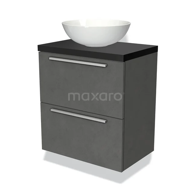 Modulo Plato Slim Vanity units for countertop basin | 60 cm Dark grey concrete Flat front Matte black worktop 2 Stacked drawers BMK37-00605