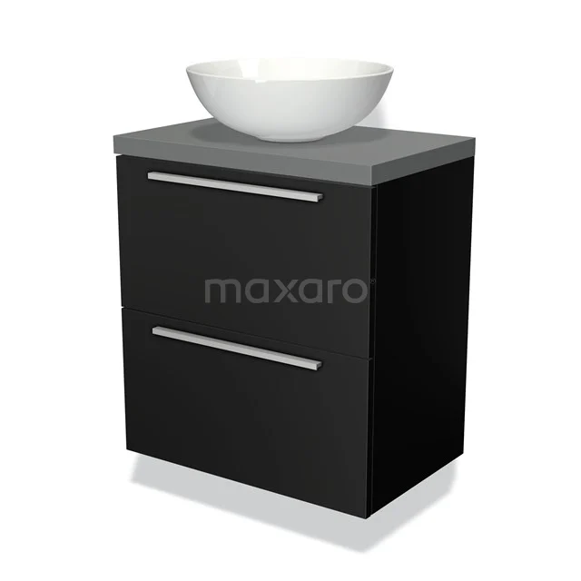 Badmöbel mit Konsole 60cm Modulo Plato Slim Matt Schwarz 2 Schubladen Flach BMK37-00606 Schwarze Badmöbelset mit grauer Platte und weißem Aufsatzwaschbecken, kompaktes Design, ideal für moderne Bäder.