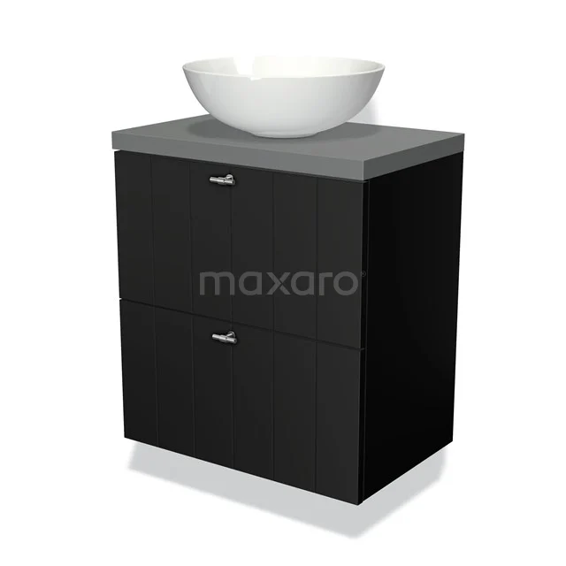 Black bathroom unit with matte finish, grey worktop and round white countertop wash basin, perfect for a modern bathroom style.