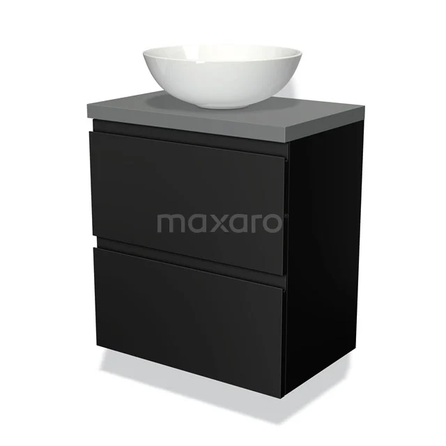 Black bathroom furniture set with grey worktop and white bowl-shaped basin, modern design made of durable materials.