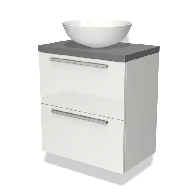 Weißes Badezimmermöbel mit grauer Platte und rundem Aufsatzwaschbecken, ausgestattet mit zwei Schubladen mit silberfarbenen Haltegriffen.