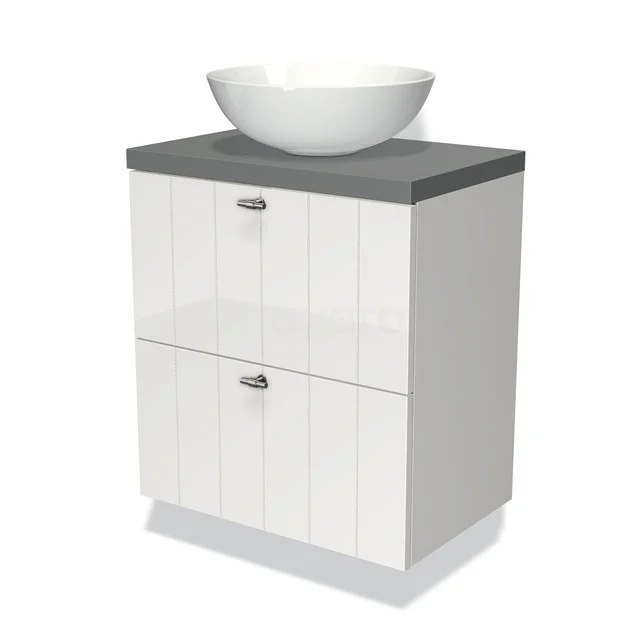 Weißes Badezimmermöbel mit grauer Oberplatte und rundem Waschbecken, modernes Design, ideal für stilvolle Badezimmeraufbewahrungslösungen.