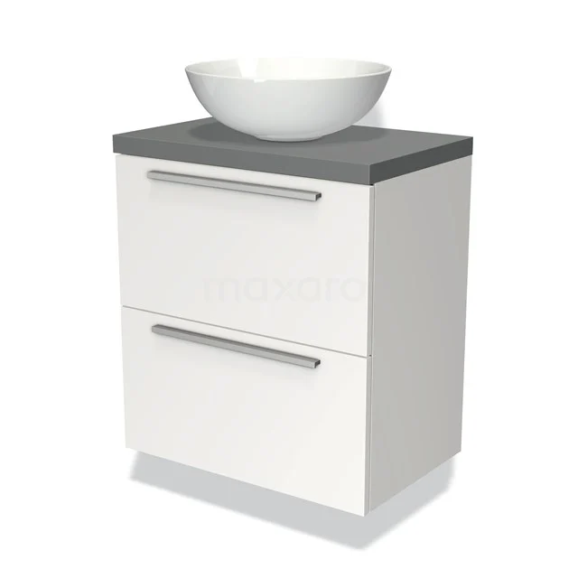 Weißes Badezimmermöbel mit grauer Waschtischplatte und keramischem Aufsatzwaschbecken, modernes Design mit zwei Schubladen.