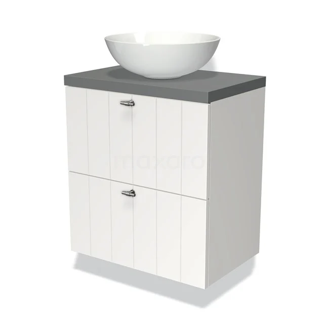 Weißes Badmöbel mit grauer Platte, keramischem Aufsatzwaschbecken, Rippmuster und zwei Schubladen, ideal für einen modernen Badezimmerstil.