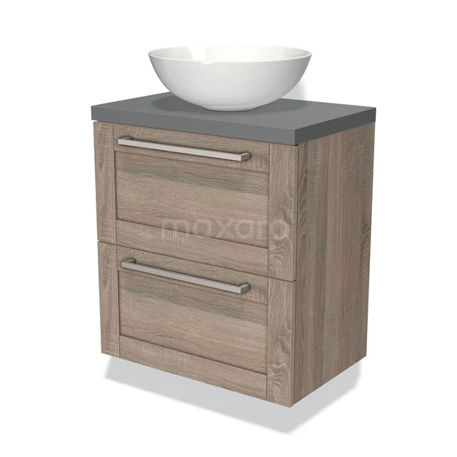 Wooden Bathroom unit with grey worktop, two drawers and a white top washbasin, modern design, ideal for any bathroom.