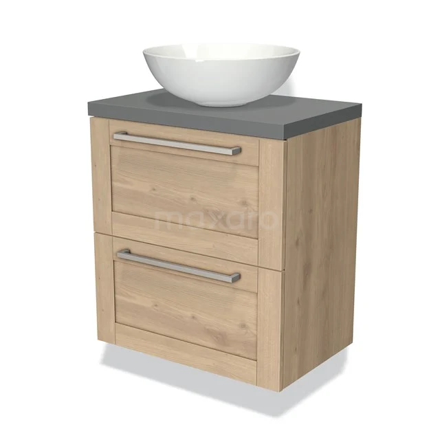 Houten badkamermeubel met grijs blad en witte waskom, twee lades en moderne handgrepen, ideaal voor een stijlvolle badkamer.