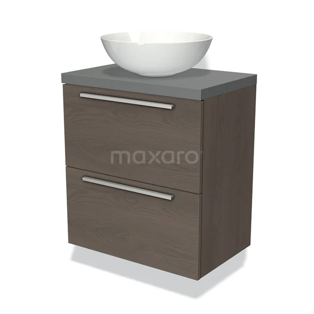 Houten badkamermeubel met grijs blad, twee lades en een witte ronde waskom, ideaal voor een moderne badkamerstijl.