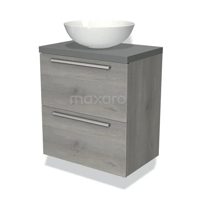 Grijze houten badkamermeubel met twee lades en een witte ronde waskom; strak design, ideaal voor moderne badkamers.
