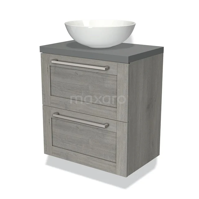 Grijze houten badkamermeubel met twee lades, een antraciet blad en een moderne witte waskom, perfect voor een stijlvolle badkamer.