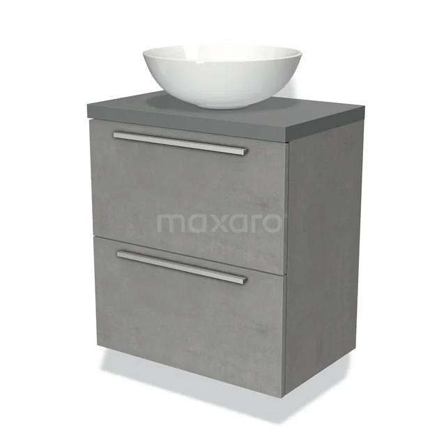 Grijze badkamerkast met houtlook, twee lades en een witte keramische waskom, ideaal voor een moderne badkamerstijl.