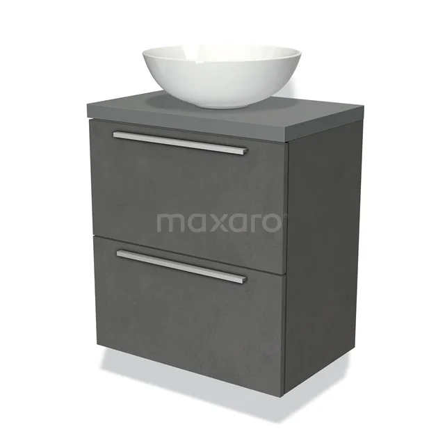 Graue Badmöbelset mit Betonlook, zwei Schubladen und weißem keramischen Aufsatzwaschbecken für einen modernen Badezimmerstil.