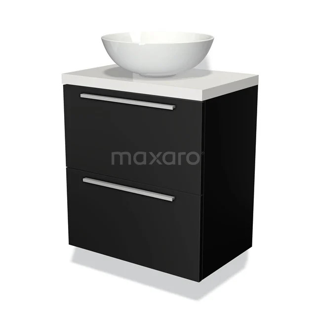 Black bathroom cabinet with white countertop wash basin, modern design, two drawers with silver handles, ideal for stylish bathrooms.
