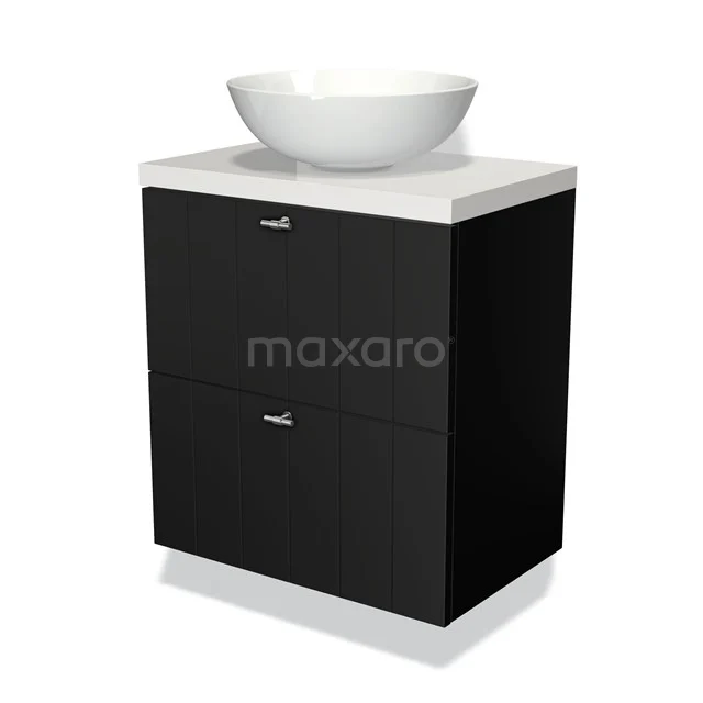 Schwarze Badmöbelset mit weißem keramischen Aufsatzwaschbecken, modernes Design, geeignet für stilvolle Badezimmergestaltung.