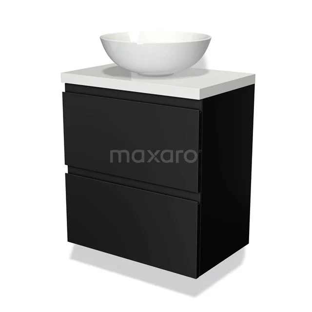 Zwart-wit badkamermeubel met keramische waskom, minimalistisch design, met twee lades en glanzende afwerking.