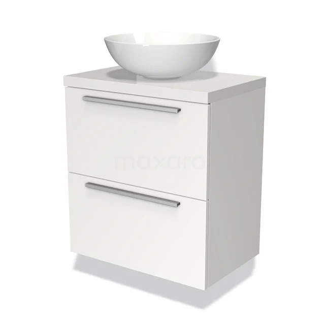 Wit badkamermeubel met lade en ronde wastafel, modern ontwerp, geschikt voor compacte badkamers.