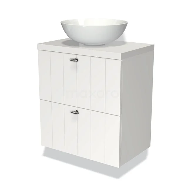 Weißes Badezimmermöbel mit Aufsatzwaschbecken, Holzpaneelen und zwei Schubladen, ideal für eine stilvolle und funktionale Badezimmergestaltung.