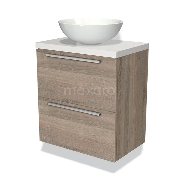 Houten badkamermeubel met witte waskom, modern ontwerp met twee lades en metalen handgrepen, ideaal voor iedere badkamer.