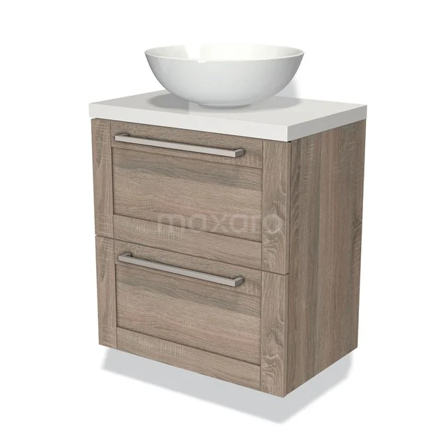 Holz Badezimmermöbel mit weißem Aufsatzwaschbecken, 2 Schubladen und Edelstahl Haltegriffen; modernes Design für ein stilvolles Badezimmer.