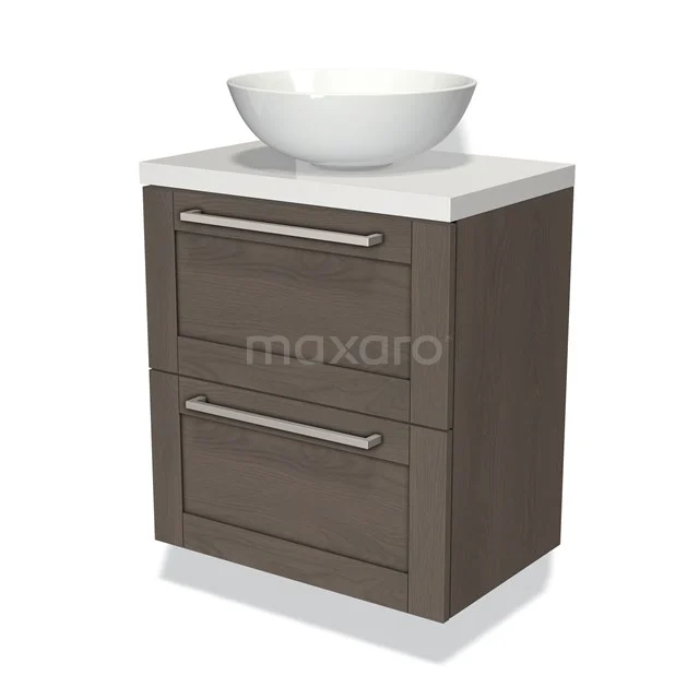 Houten badkamermeubel met witte waskom, twee ladefronten en strak design. Perfect voor moderne badkamerinrichting.