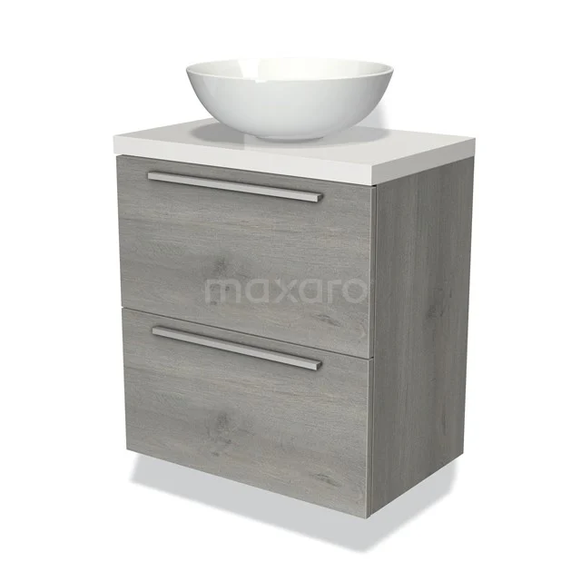 Wooden bathroom unit with grey drawers, white basin worktop and round ceramic countertop wash basin, ideal for a modern bathroom.