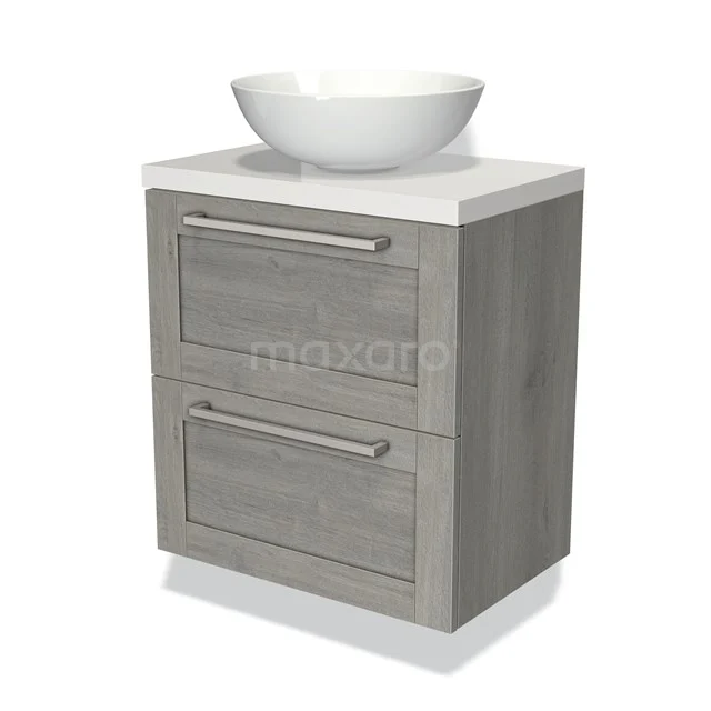 Badkamermeubel houtlook met witte keramische waskom, 2 lades en strak design, ideaal voor moderne badkamers.