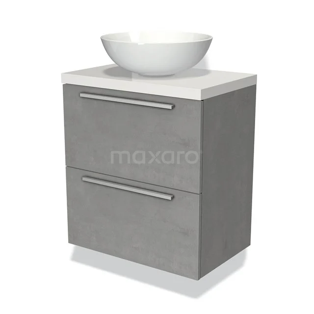 Grijze badkamerkast met twee lades, witte wastafel en modern design, ideaal voor een stijlvolle en praktische badkameroplossing.