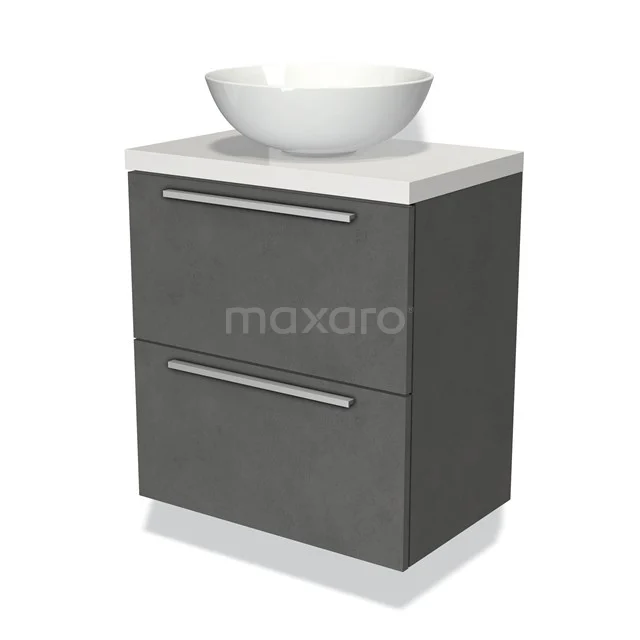 Modulo Plato Slim Vanity units for countertop basin | 60 cm Dark grey concrete Flat front High-gloss white worktop 2 Stacked drawers BMK37-00663