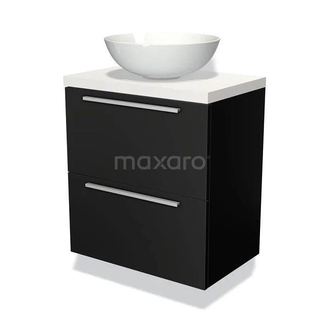 Zwart badkamermeubel met witte waskom, minimalistisch design, twee lades en hoogglans afwerking voor een moderne badkamerstijl.