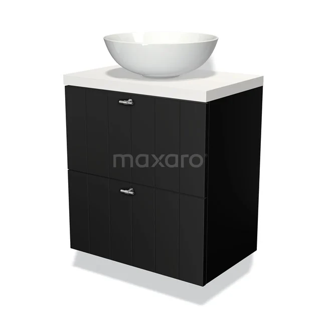 Zwart badkamermeubel met witte keramische waskom, strak design en twee lades, ideaal voor een moderne badkamer inrichting.