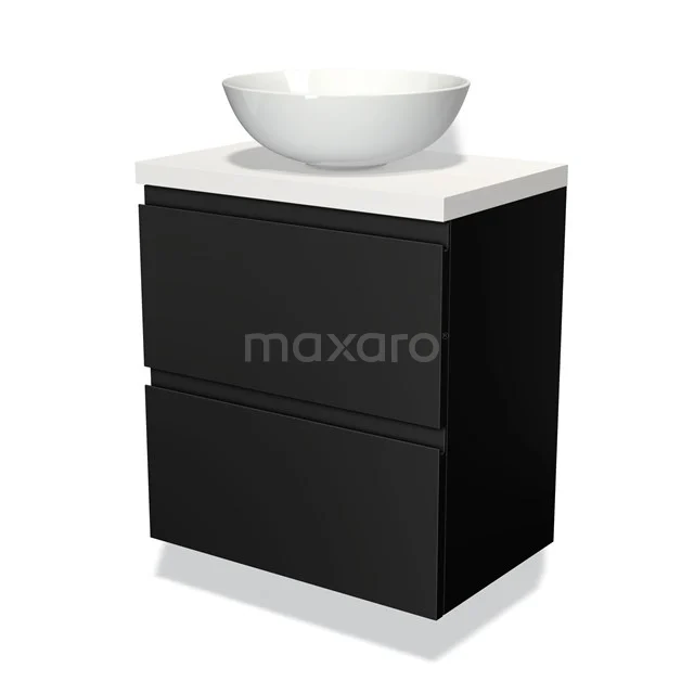 Schwarzer Badschrank mit weißem keramischen Aufsatzwaschbecken, modernes Design und klare Linien, ideal für ein stilvolles Badezimmer.