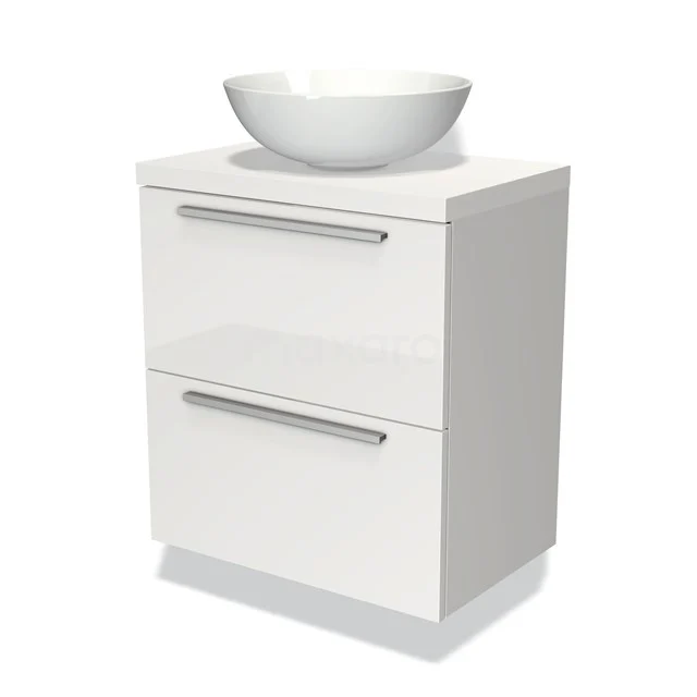 Wit, glanzend badkamermeubel met keramische opbouw waskom en twee lades, perfect voor moderne badkamerinrichting.