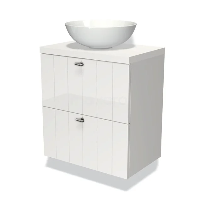 Wit badkamermeubel met wastafelkom, twee greeploze lades en afwerking in hoogglans, ideaal voor een moderne badkamer.