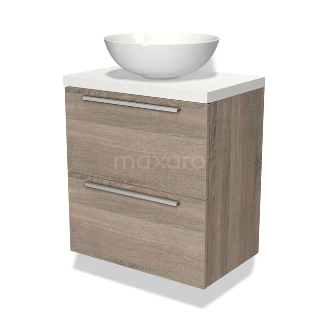 Houten badkamermeubel met witte keramische waskom, twee lades en modern ontwerp, ideaal voor stijlvolle badkamer inrichting.