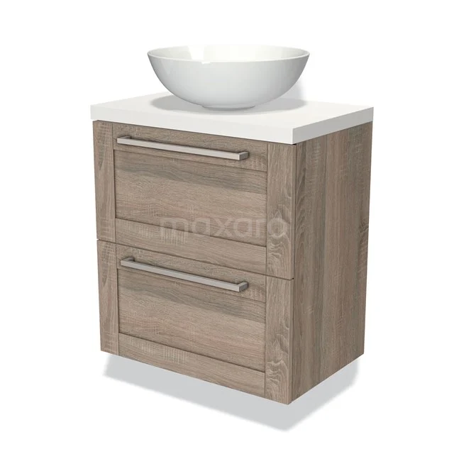Compact badmeubel houtlook met twee lades en een witte waskom, ideaal voor een moderne badkamer inrichting.