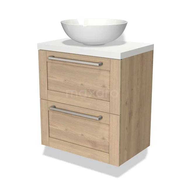 Houten wastafelmeubel met twee lades, witte komvormige wastafel, geschikt voor een moderne badkamer inrichting.