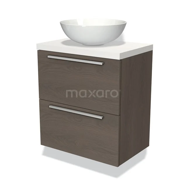 Wooden bathroom unit with two drawers, white countertop wash basin and chrome handles; modern bathroom design for optimal storage space.