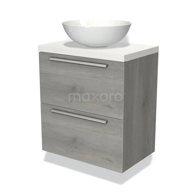Grijze badmeubel met houtlook, twee lades en een witte ronde waskom. Perfect voor een moderne badkamerinrichting.
