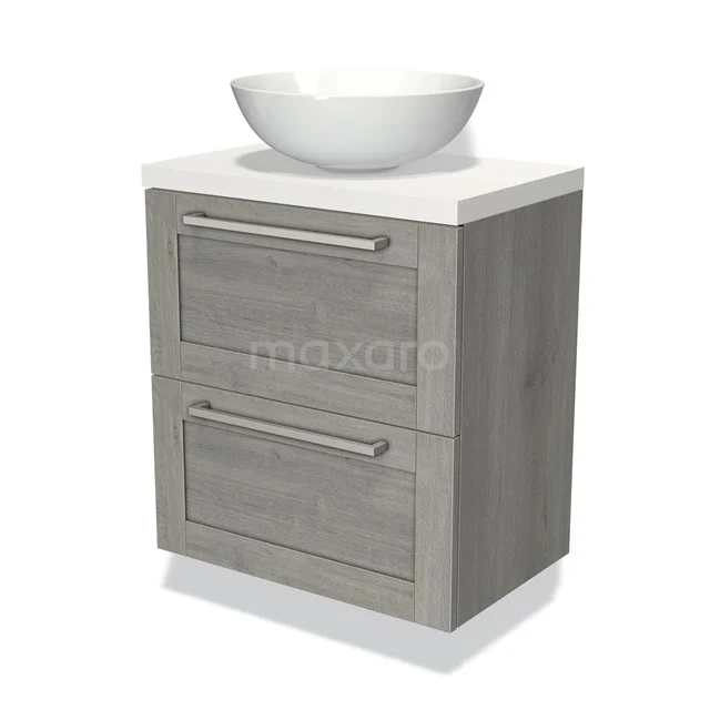 Grijze badkamerkast met houtstructuur, twee lades en een witte ronde waskom; compact design voor moderne badkamers.
