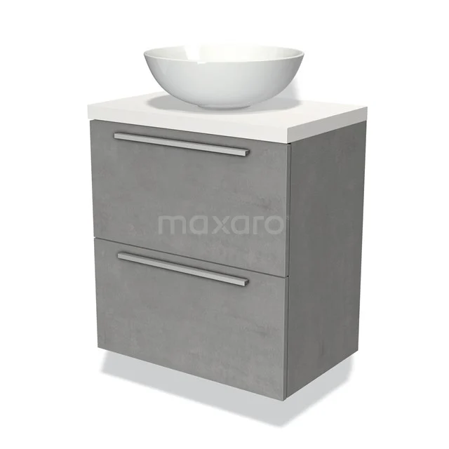 Grijs badkamermeubel met witte waskom, 2 lades en strak design; ideaal voor moderne badkamers.