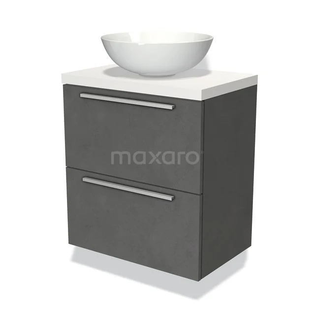 Modulo Plato Slim Vanity units for countertop basin | 60 cm Dark grey concrete Flat front Matte white worktop 2 Stacked drawers BMK37-00692